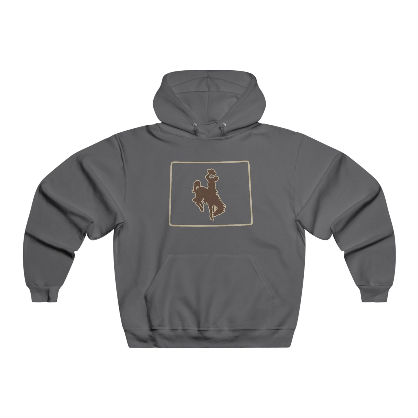 Wyoming hoodie, Front View, bucking horse in square, Men's , charcoal grey 